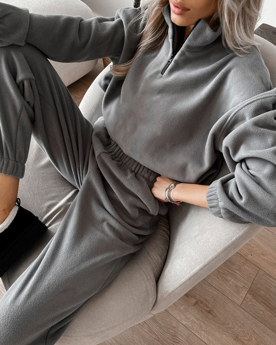 Damen Fleece-Loungewear-Anzug mit halbem Reißverschluss und elastischem Bund Heidi-Mode