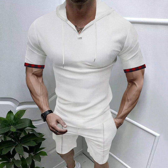 Herren sportliches Kurzarm-Hemden- und Shorts-Set mit Kapuze und kontrastierenden Ärmelabschlüssen Heidi-Mode