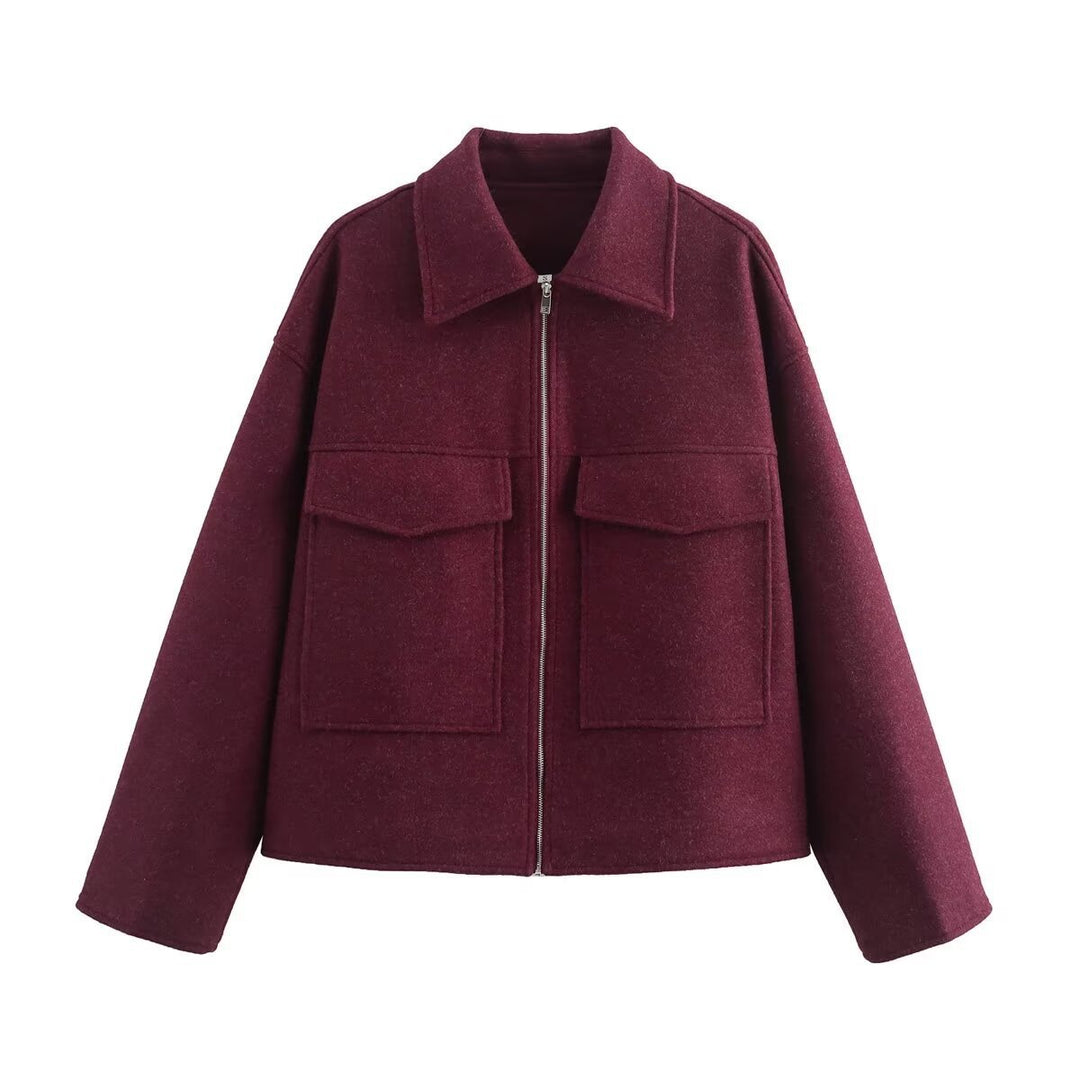 Damen lässige Wolljacke mit praktischen Brusttaschen und hochwertigem Reißverschluss Heidi-Mode