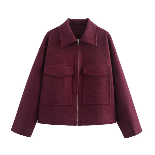 Damen lässige Wolljacke mit praktischen Brusttaschen und hochwertigem Reißverschluss Heidi-Mode