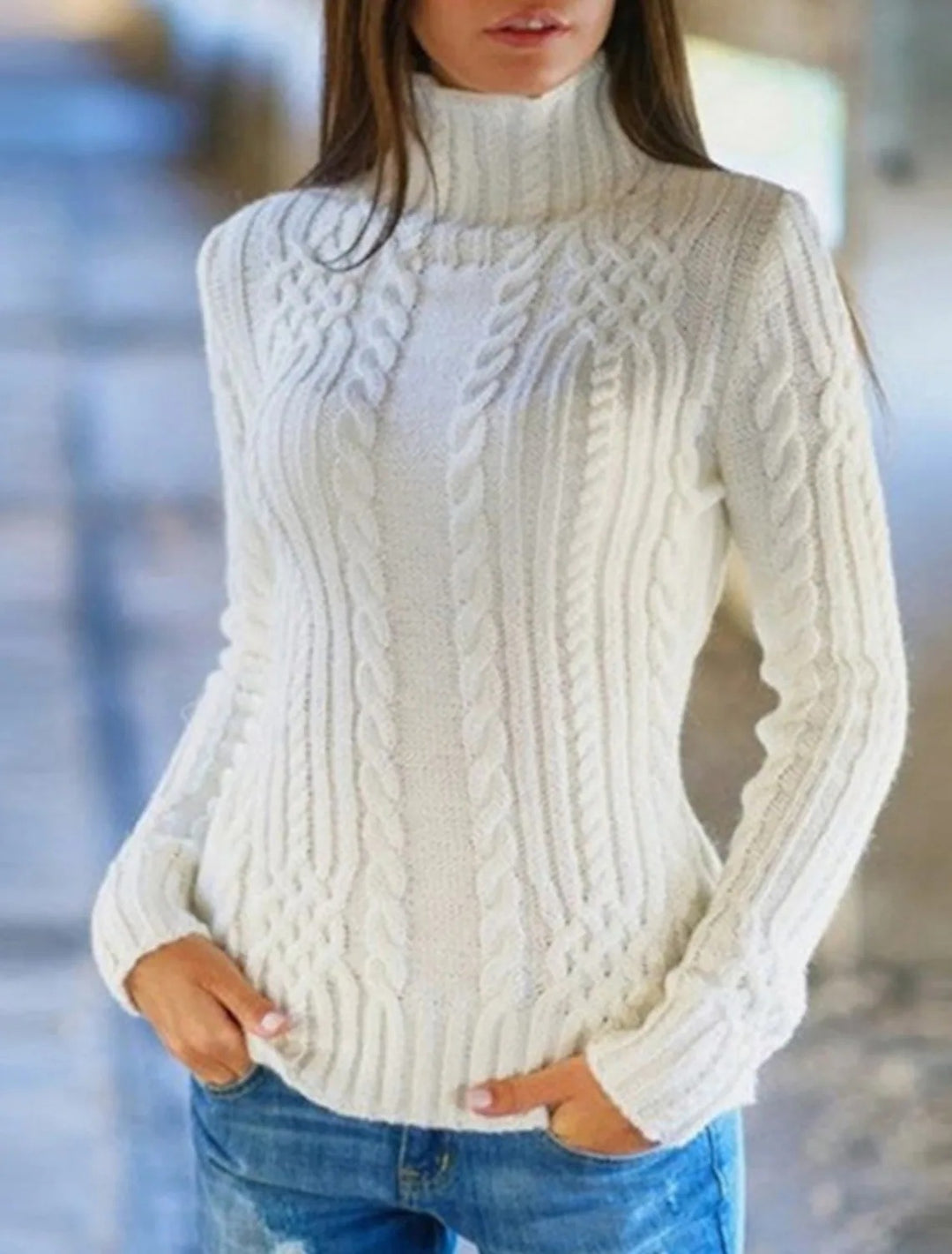 Damen Rolkragenpullover mit Zopfmuster und bequemer Passform Heidi-Mode