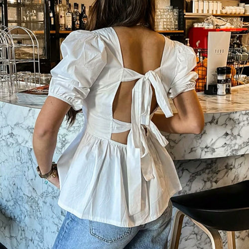 Damen bezaubernde Bluse mit Knoten-Detail und Puffärmeln Heidi-Mode