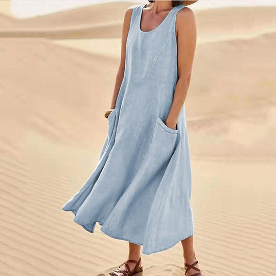 Heidi Mode | Ärmelloses Kleid aus Baumwolle und Leinen mit Rundhalsausschnitt und Tasche