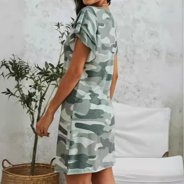 Damen Freizeitkleid mit Rüschendetails und Camouflage-Design Heidi-Mode