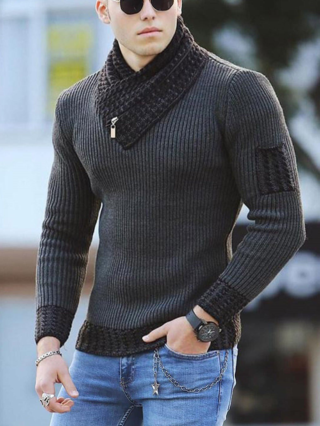 Herren Pullover mit modernem asymmetrischem Kragen und strukturiertem Design Heidi-Mode