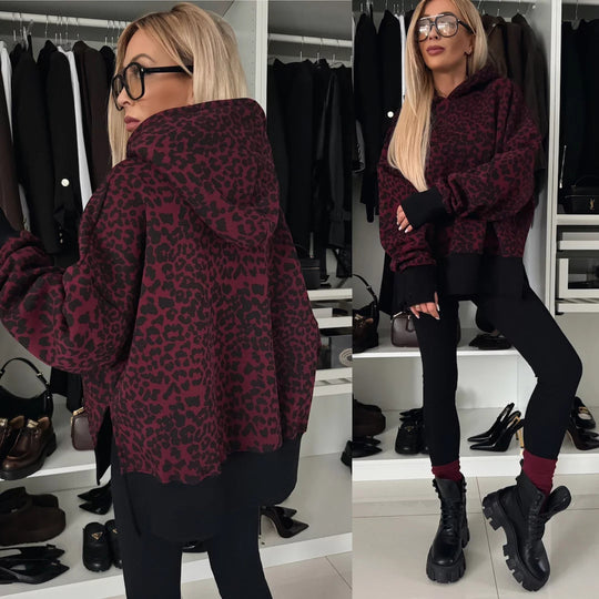 Damen modischer Kapuzenpullover mit Leopardenmuster und oversized Schnitt Heidi-Mode