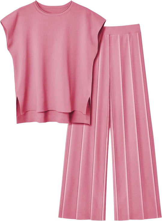Damen elegantes Set mit kurzärmligem Oberteil und plissierter Hose Heidi-Mode
