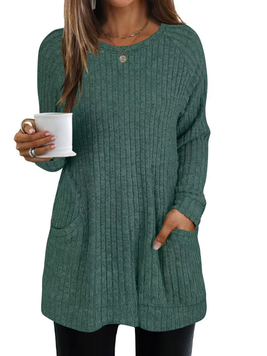 Damen lässiger Strickpullover mit seitlichen Eingrifftaschen und Rippenstruktur Heidi-Mode