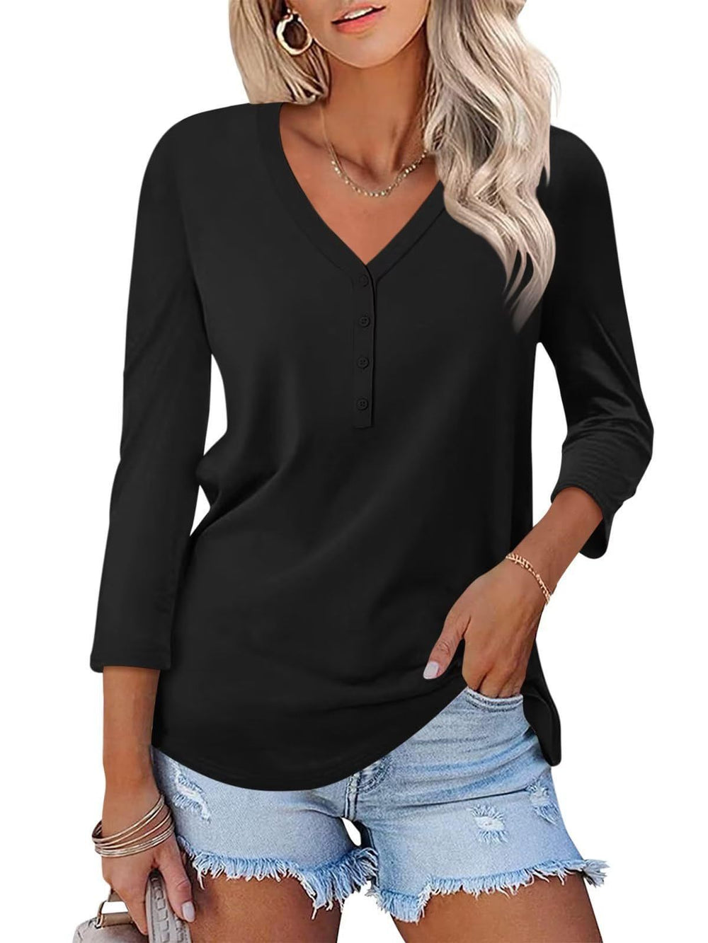 Damen Langarm T-Shirt mit Knopfleiste und V-Ausschnitt Heidi-Mode