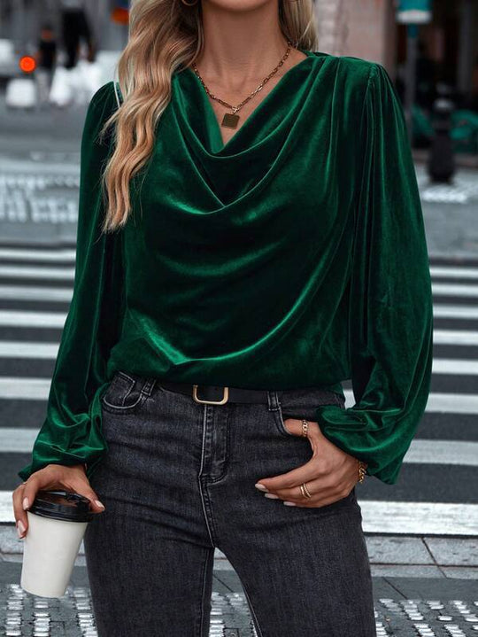 Damen elegante Bluse aus samtigem Material mit Drapé-Ausschnitt Heidi-Mode