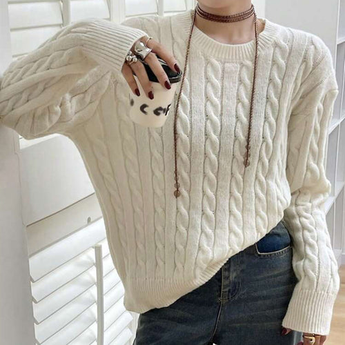 Damen Grobstrickpullover mit Zopfmuster und weiten Ärmeln Heidi-Mode