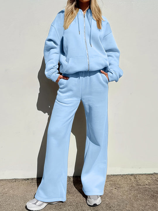 Damen bequemer und stilvoller Loungewear-Anzug mit zipbarem Hoodie und weitem Bein Heidi-Mode