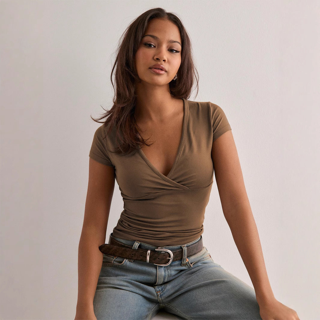 Damen Wickeloberteil mit V-Ausschnitt und figurbetonter Passform Heidi-Mode