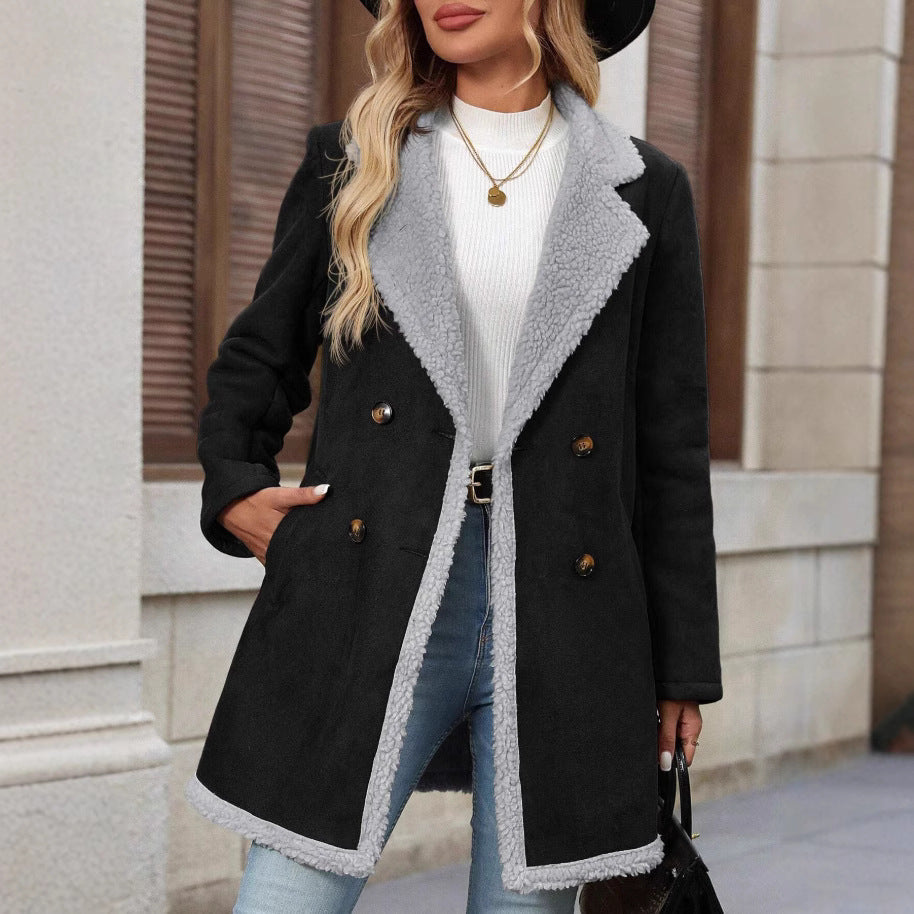 Damen Modische Oversized-Jacke mit Teddyfutter und doppelter Knopfleiste Heidi-Mode