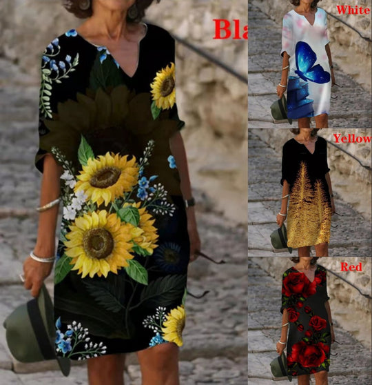 Damen Floral Druck Midi Kleid mit V-Ausschnitt und kurzen Ärmeln Heidi-Mode