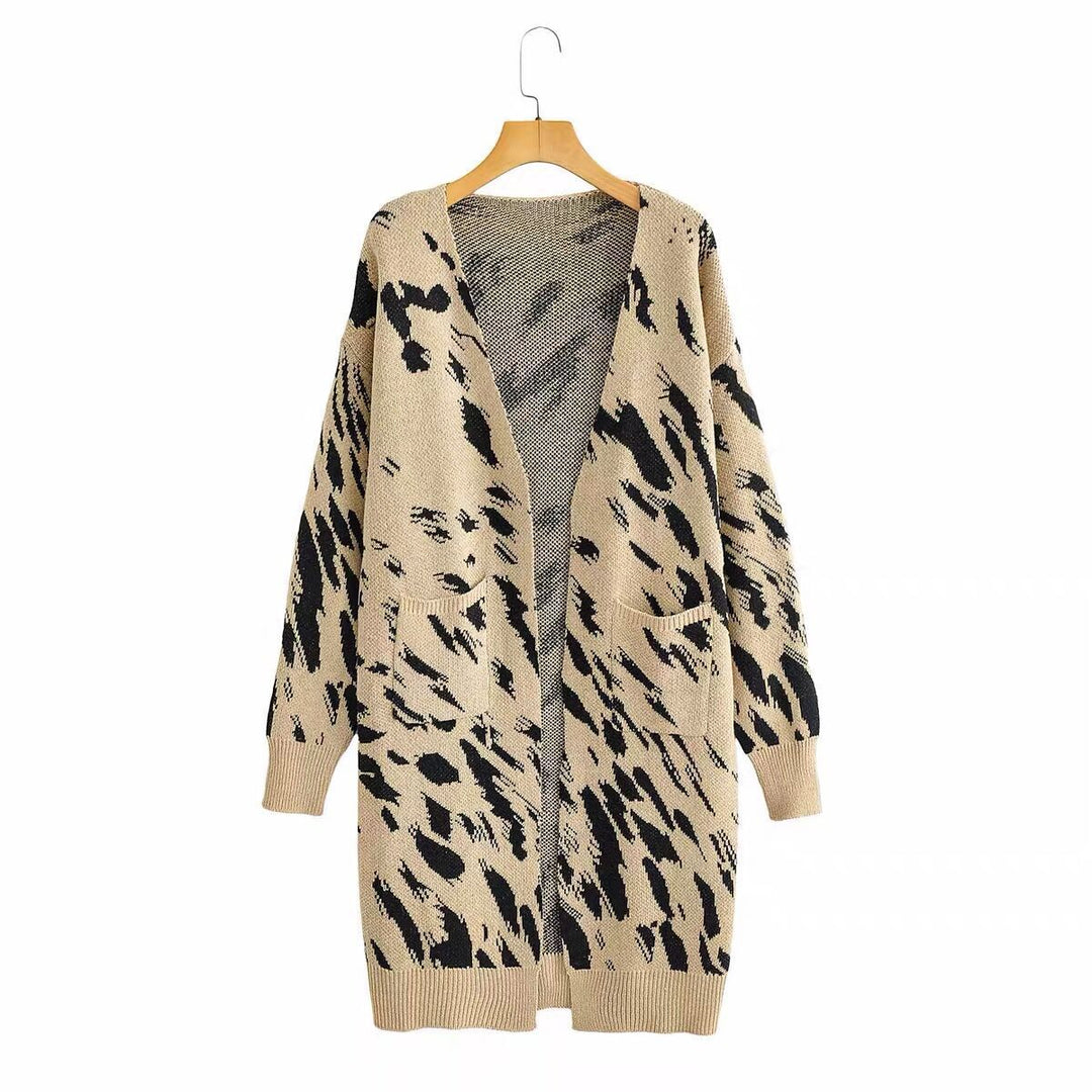 Damen Grobstrick-Cardigan mit modischem Leopardenmuster und praktischen Taschen Heidi-Mode
