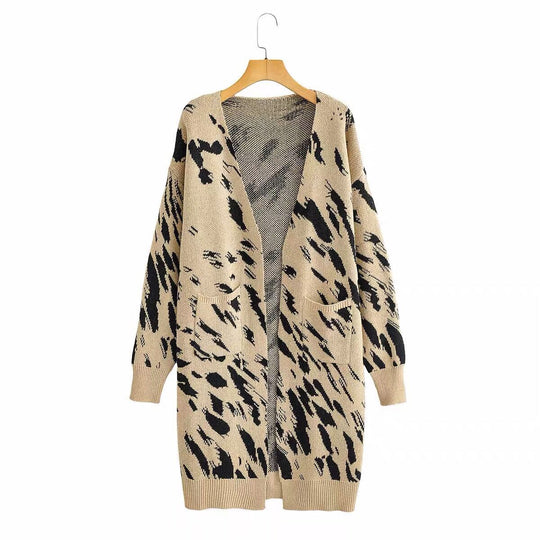Damen Grobstrick-Cardigan mit modischem Leopardenmuster und praktischen Taschen Heidi-Mode