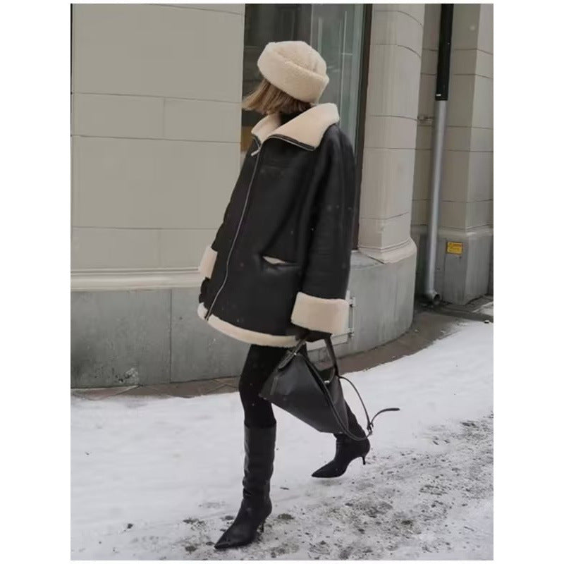 Damen Kunstlederjacke mit gemütlichem Teddyfutter und praktischen Taschen Heidi-Mode