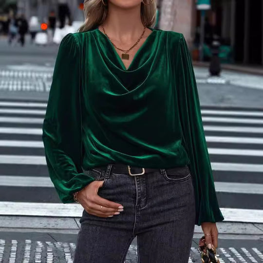 Damen elegante Bluse aus samtigem Material mit Drapé-Ausschnitt Heidi-Mode
