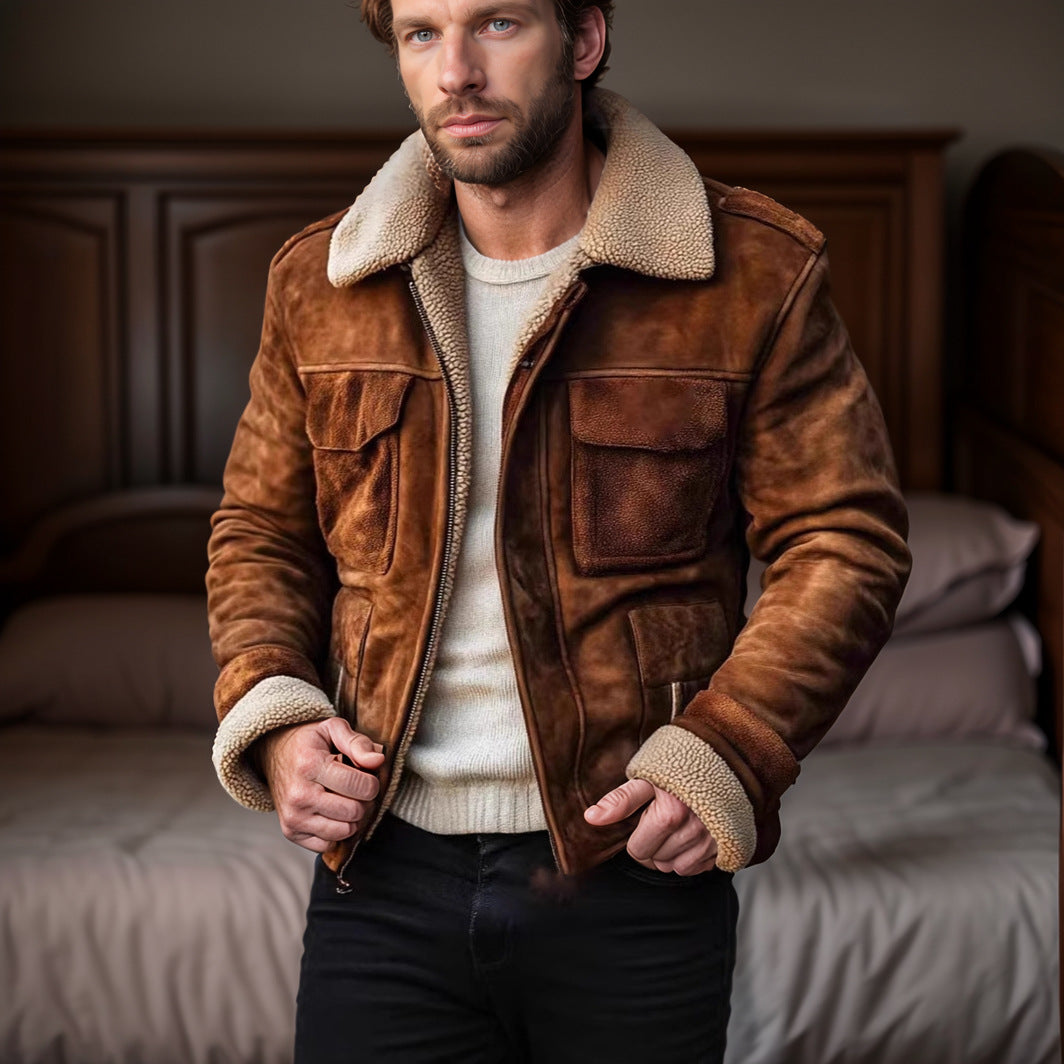 Herren Lederjacke mit warmem Sherpa-Futter und praktischen Taschen Heidi-Mode