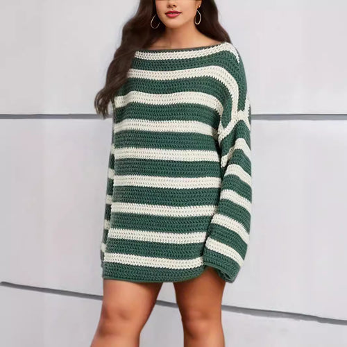 Damen lässiger gehäkelter Pullover mit modernen Blockstreifen Heidi-Mode