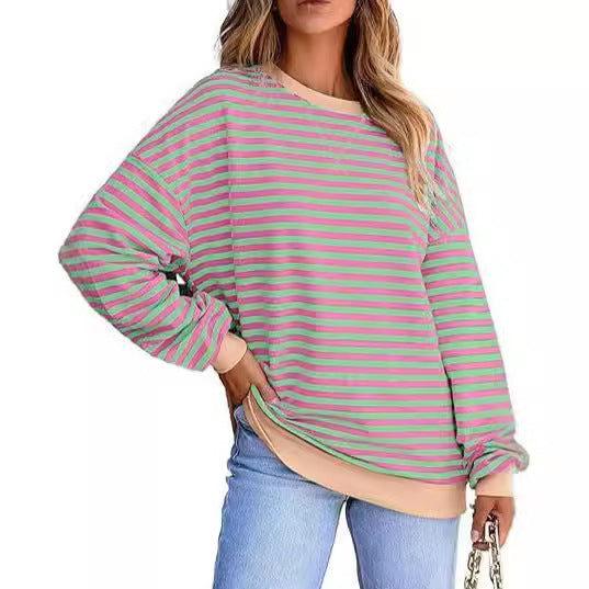 Damen lässiger gestreifter Sweatshirt mit Oversize-Schnitt und bequemen Details Heidi-Mode