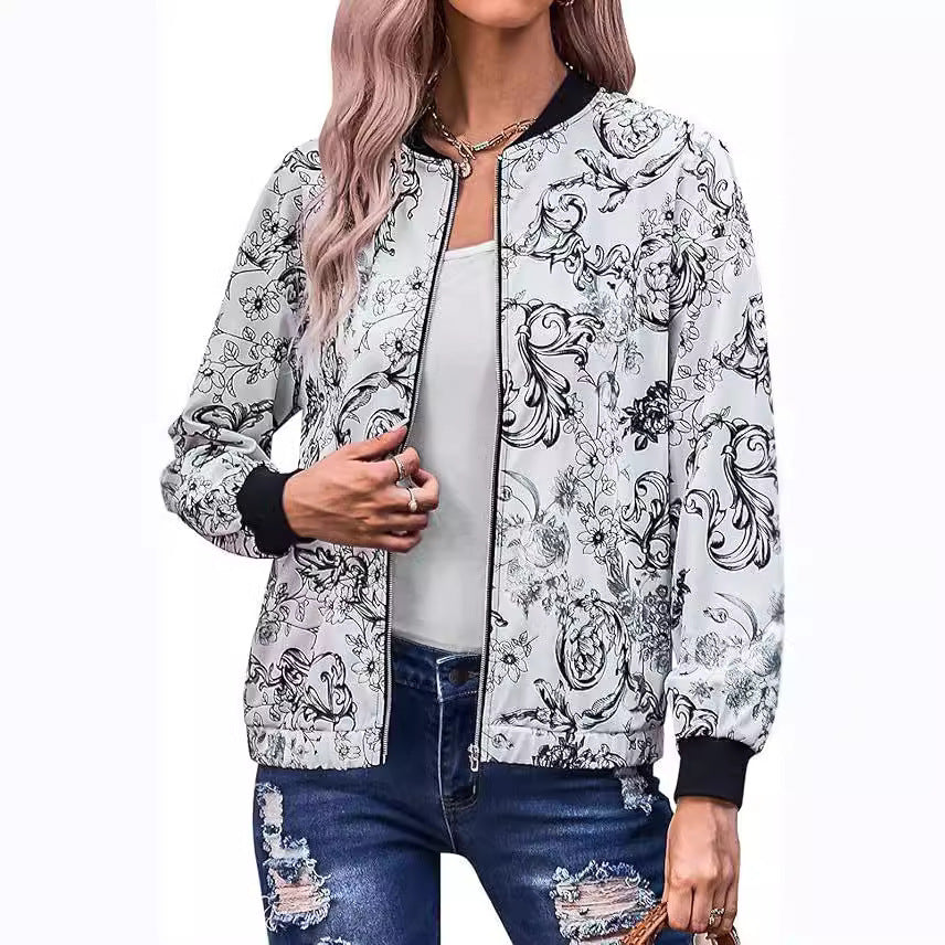 Damen Bomberjacke mit floralen Motiven und elastischen Bündchen Heidi-Mode