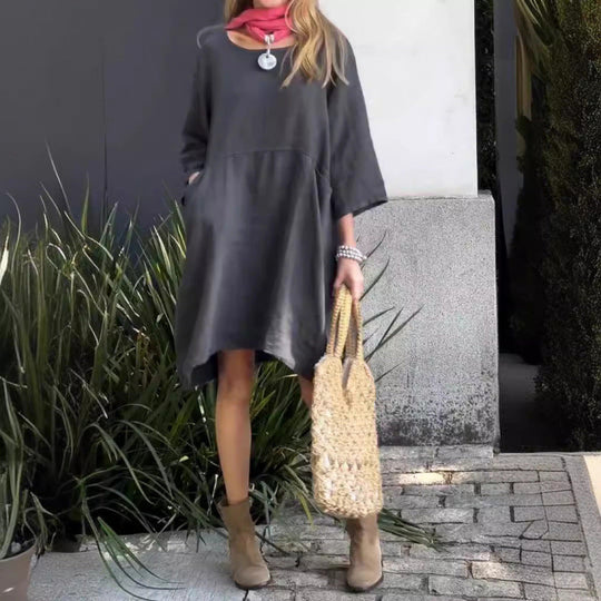 Heidi-Mode | Lässig Einfarbig Lose Taschen Baumwoll-Leinen Kleid