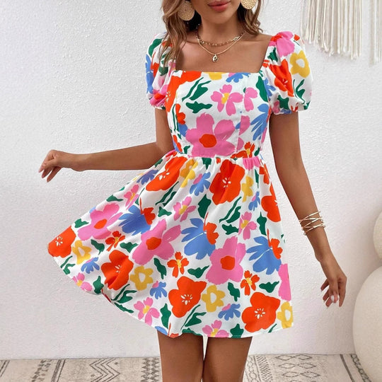 Heidi-Mode | V-Ausschnitt Bedrucktes Strand Kleid mit Laternenärmeln