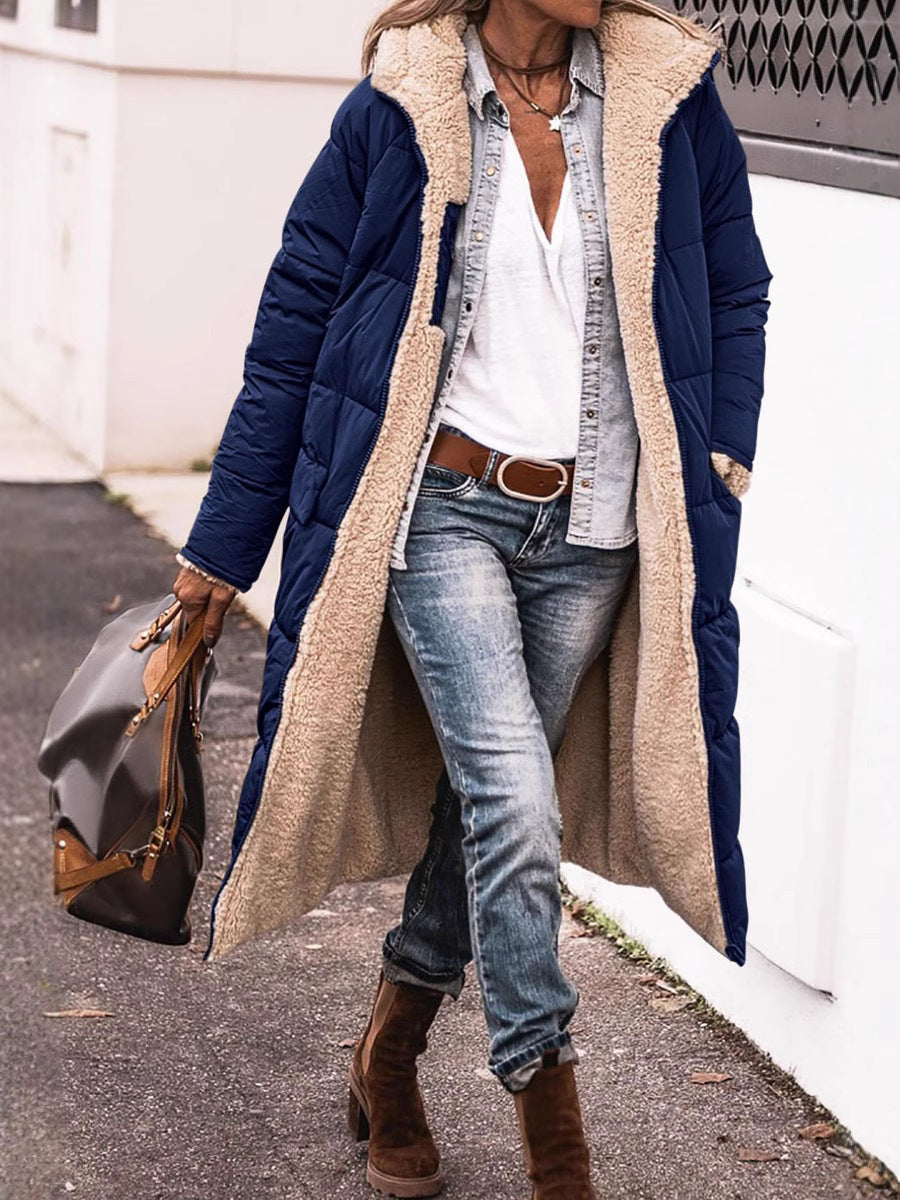 Damen lange Steppjacke mit kuscheligem Teddyfutter und großem Revers Heidi-Mode