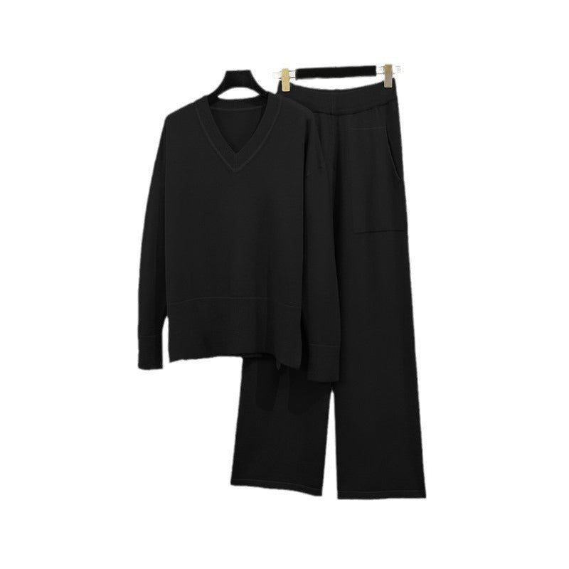Damen lässiges Strick-Loungewear-Set mit tiefem V-Ausschnitt und praktischen Taschen Heidi-Mode