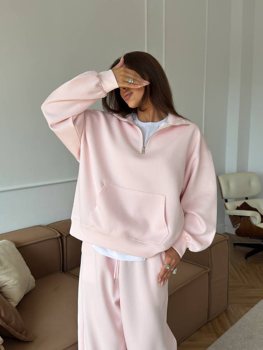 Damen lässiges Fleece-Set mit hochgeschlossenem Reißverschluss und weiten Beinen Heidi-Mode