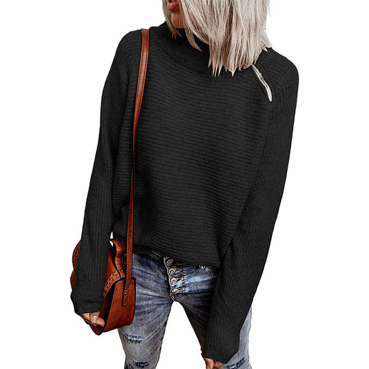 Damen lässiger Strickpullover mit hochgeschlossenem Kragen und dekorativen Nähten Heidi-Mode