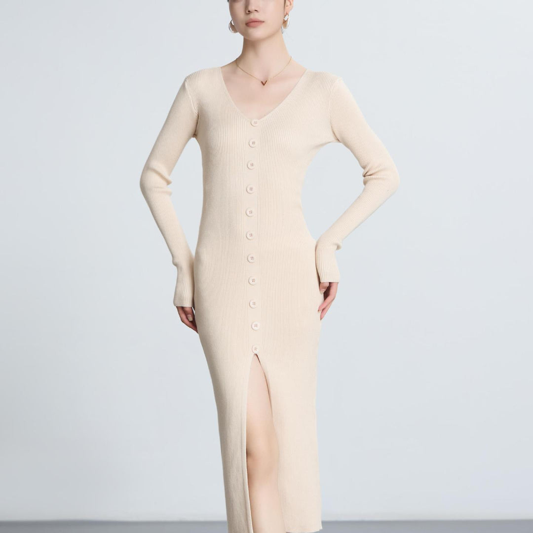 Damen Langärmliges Maxikleid mit Rippstruktur und Knopfdetail Heidi-Mode