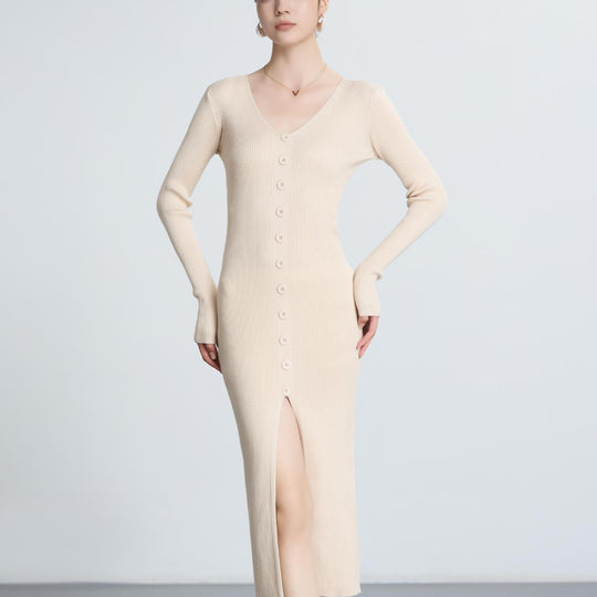 Damen Langärmliges Maxikleid mit Rippstruktur und Knopfdetail Heidi-Mode