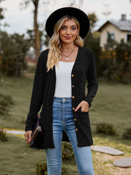 Damen kuschelige Strickjacke mit praktischen Taschen und modischem Rippdesign Heidi-Mode