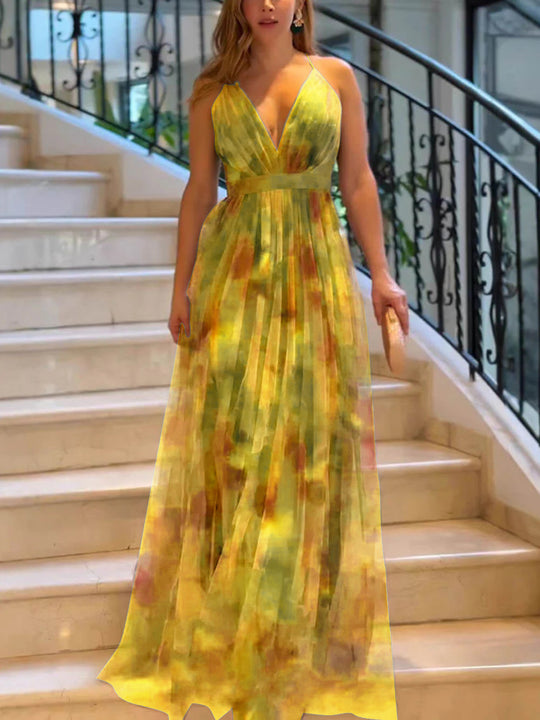 Damen Maxi-Kleid mit tiefem V-Ausschnitt und schwingendem Rock Heidi-Mode