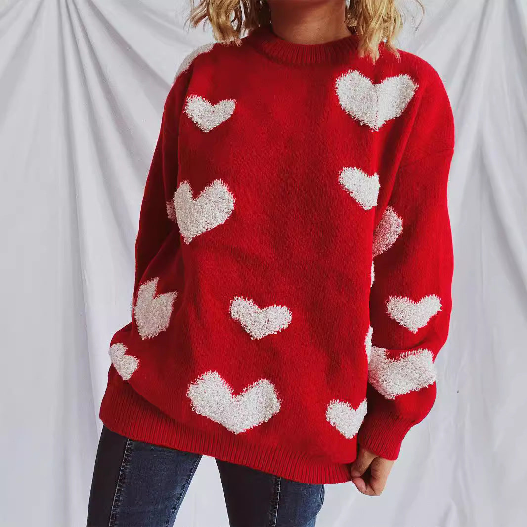 Damen Pullover mit Herzmuster und flauschigen Applikationen Heidi-Mode