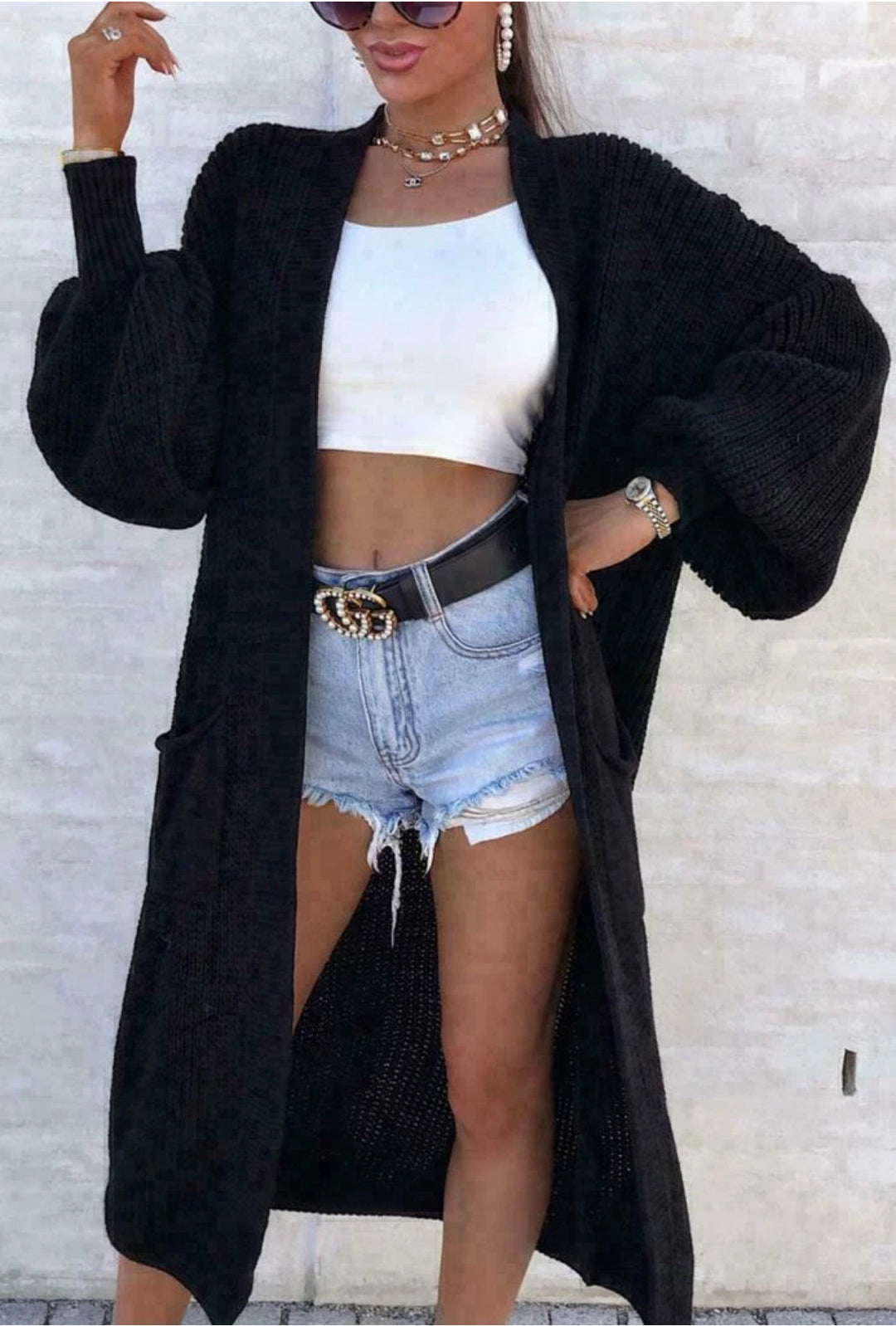 Damen Langer Strickcardigan mit weiten Ärmeln und praktischen Taschen Heidi-Mode