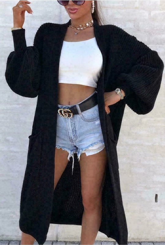 Damen Langer Strickcardigan mit weiten Ärmeln und praktischen Taschen Heidi-Mode