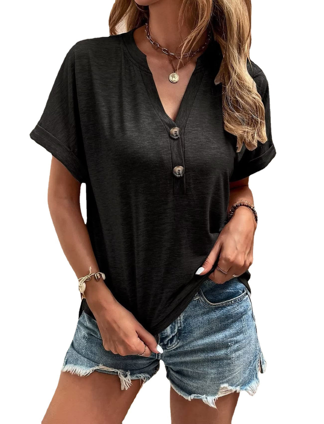 Damen legeres V-Ausschnitt T-Shirt mit Knopfleiste Heidi-Mode