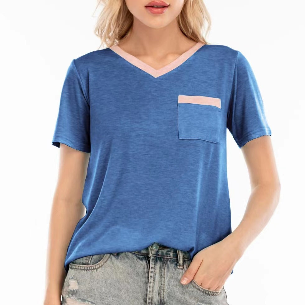 Damen T-Shirt mit V-Ausschnitt und kontrastierender Brusttasche Heidi-Mode