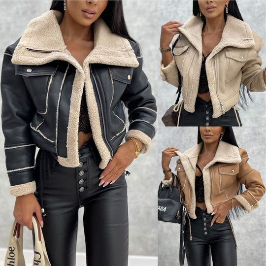 Damen kurze Jacke mit Sherpa-Futter Heidi-Mode