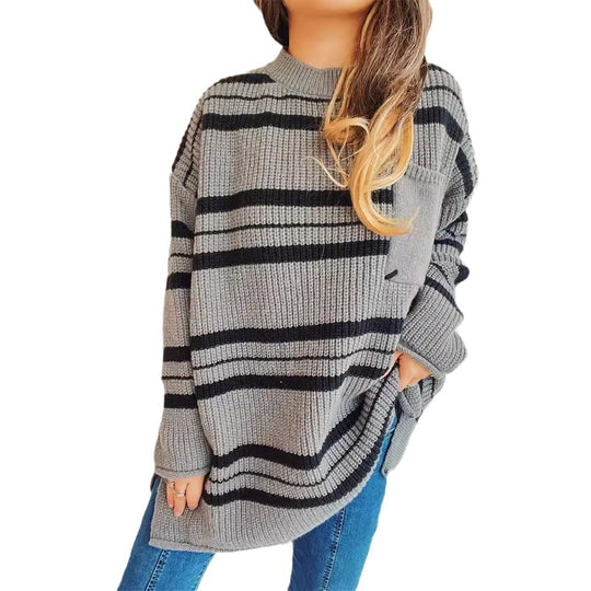 Damen lässiger Strickpullover mit modernem Streifenmuster Heidi-Mode