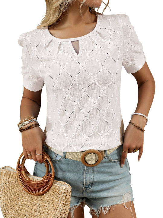 Heidi Mode | Solide Farbe Rundhalsausschnitt Knopf hohl kurze Ärmel