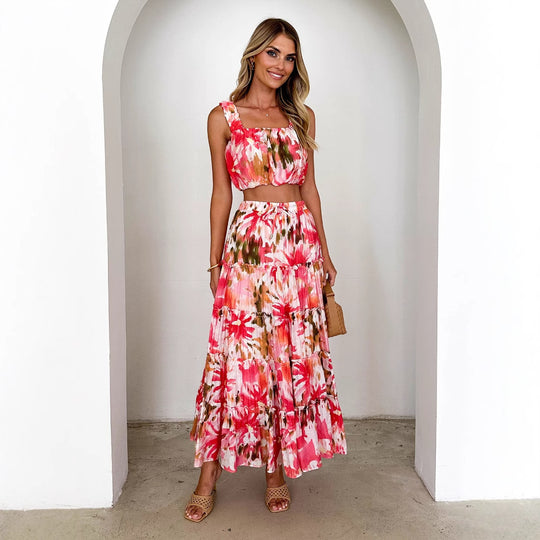 Damen Drei-Teiler Set mit Crop-Top, Maxirock und floralen Mustern Heidi-Mode