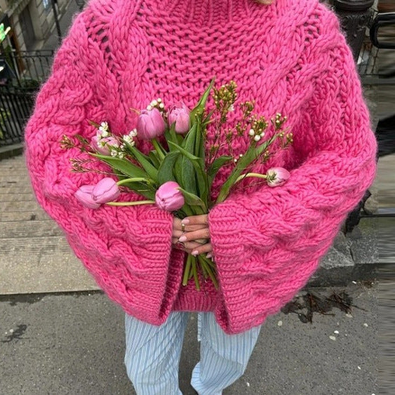 Damen Strickpullover mit voluminösen Ärmeln und strukturiertem Zopfmuster Heidi-Mode
