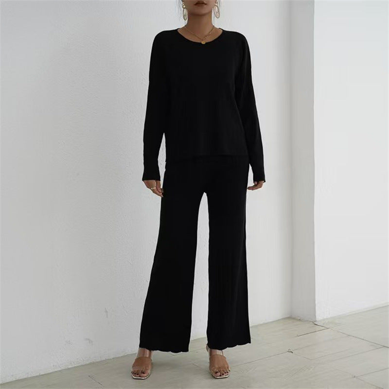 Damen lässiges und elegantes Strick-Loungewear-Set mit weitem Bein und feinen Rippenstrukturen Heidi-Mode