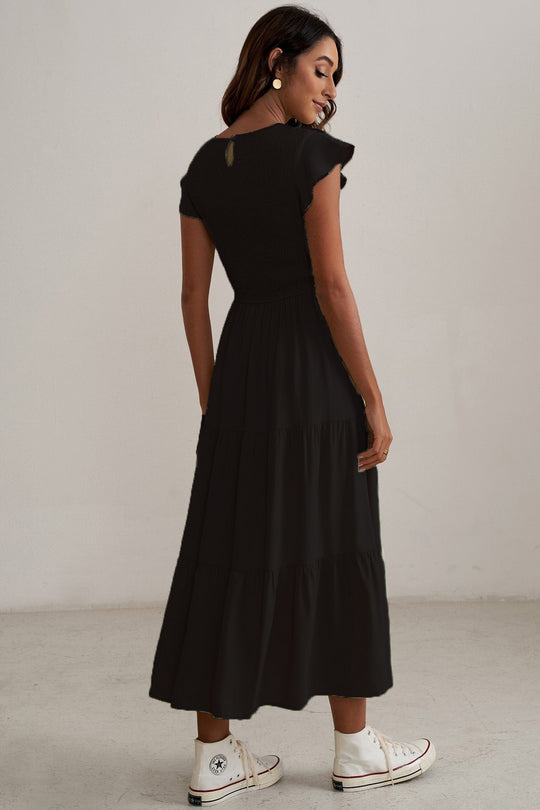 Damen Maxikleid mit voluminösen Rüschen und elastischem Rücken Heidi-Mode