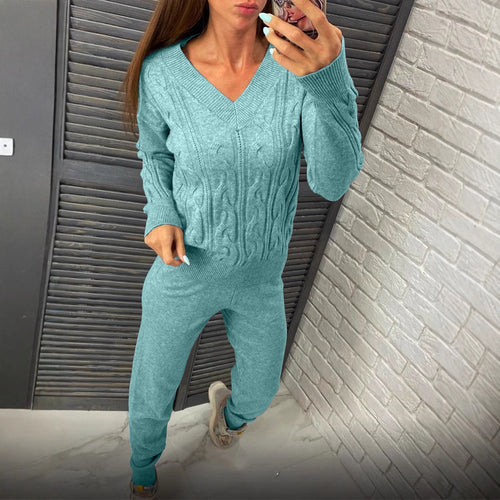 Damen Strickpullover und Jogginghose Set mit Zopfmuster Heidi-Mode